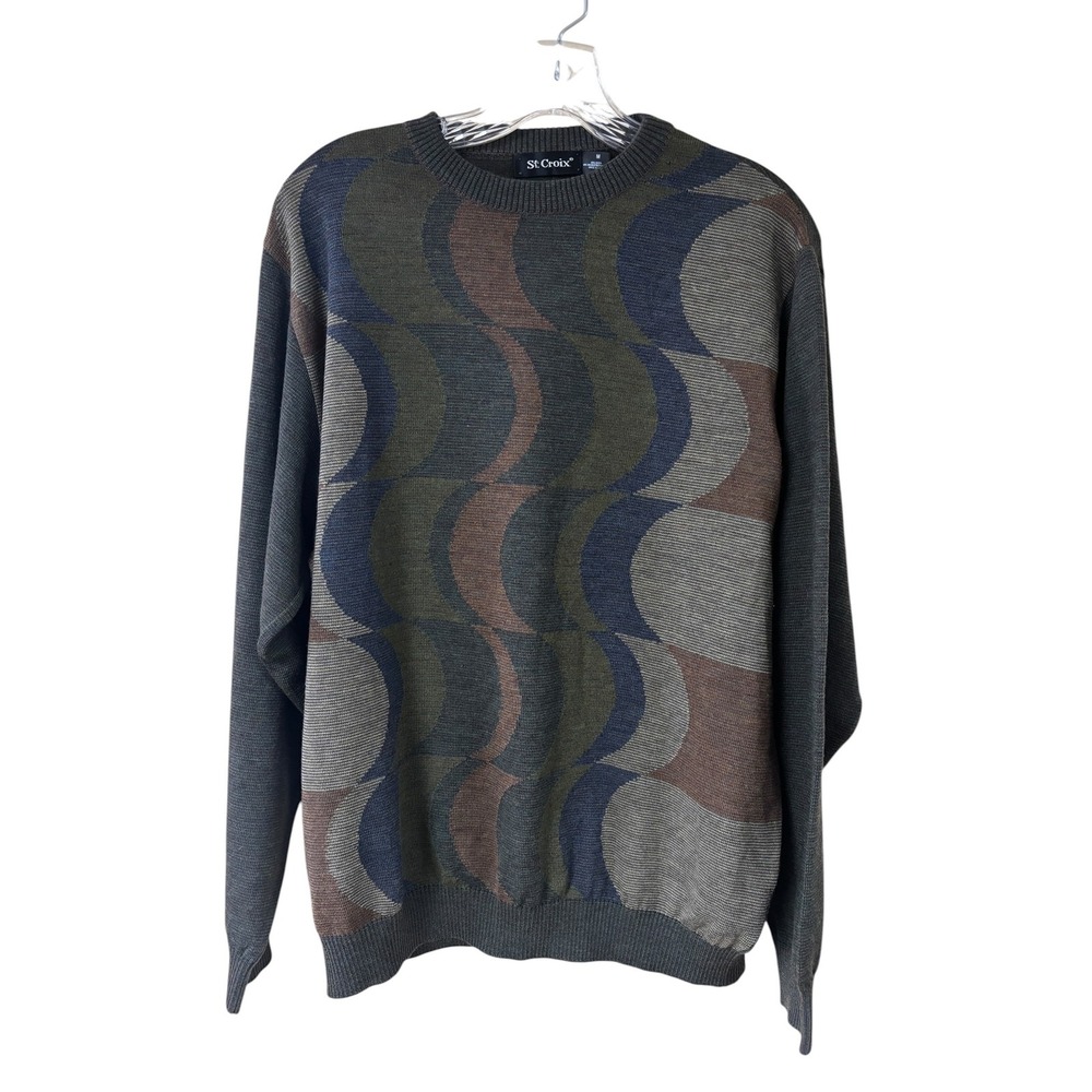 St Croix Sweater Mens Medium Gray Wool Acrylic Geometric Knit Pullover Crewneck
